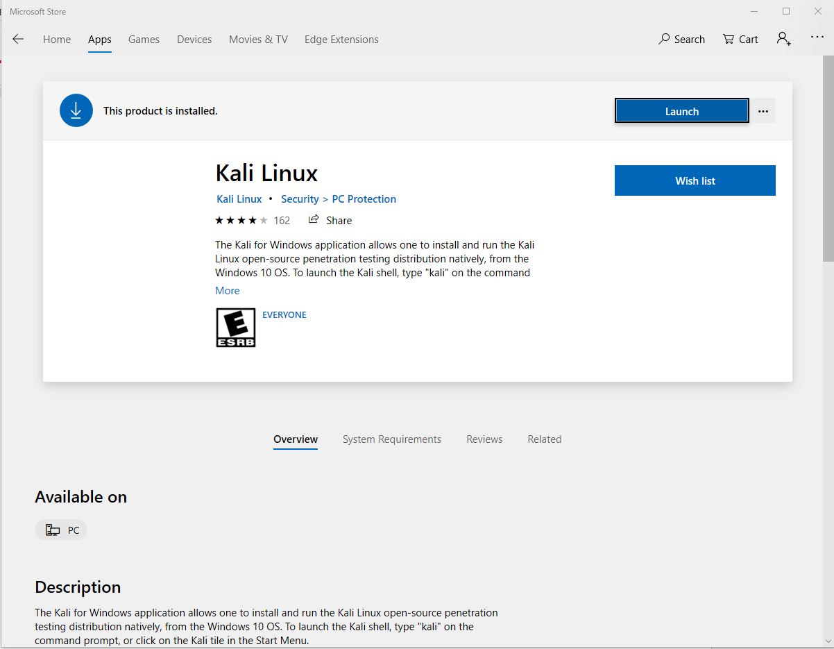 Installing Kali Linux in Windows through Microsoft Store